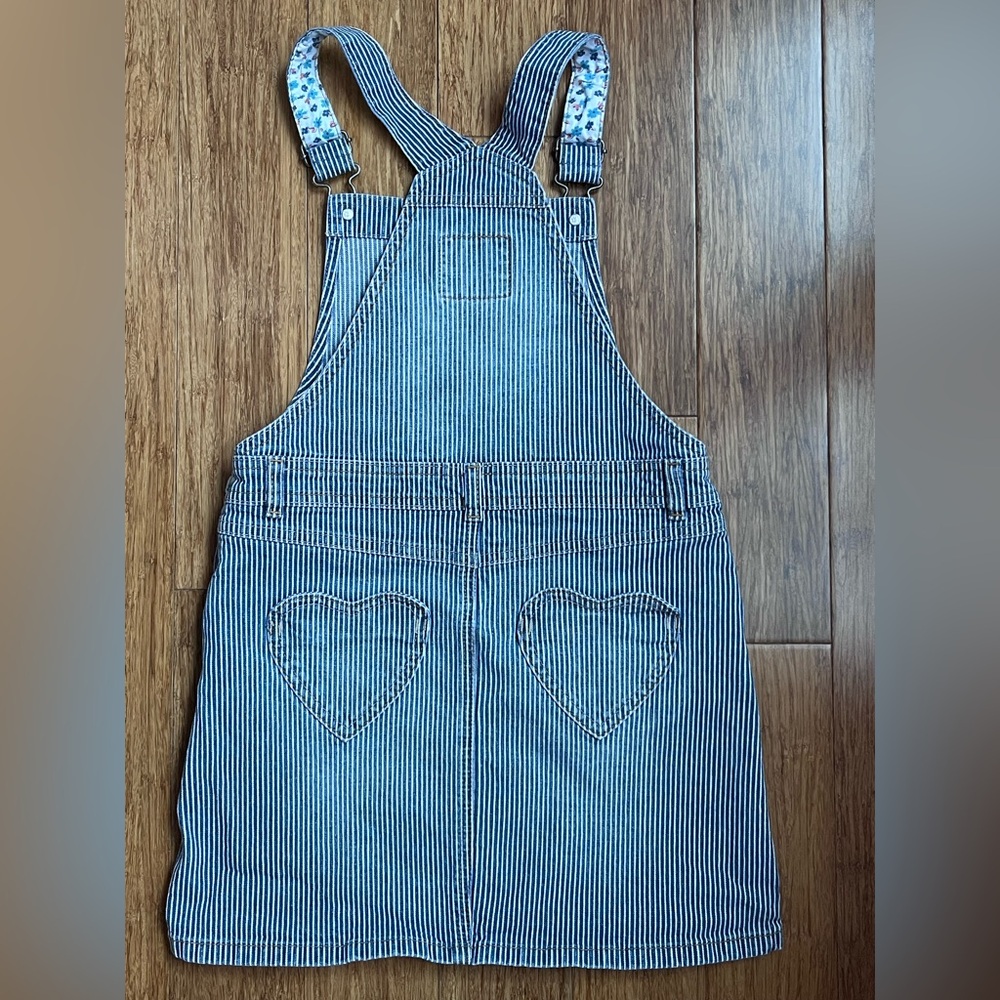 Mini Boden 9-10 Years Denim Dress Skirt Overalls Hearts Pockets Stripe  1029 - Picture 4 of 5